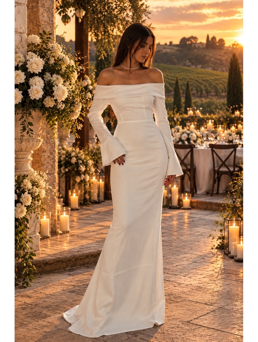NWT Lulus Saintclair White Satin Off Shoulder Long Sleeve Maxi Dress S